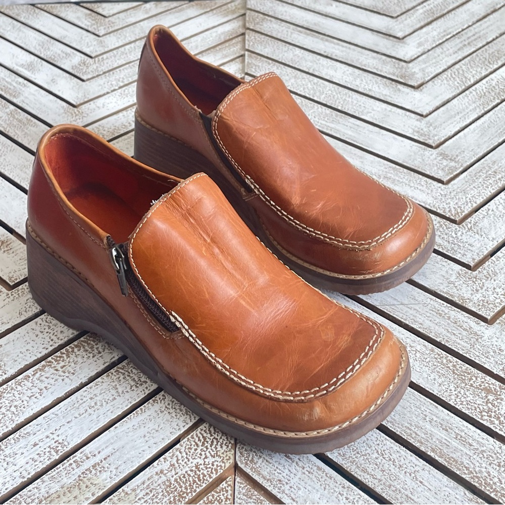 Vintage 90s Y2K Chunky Leather Wedge Loafers Square Toe Sunflowers Sz 7